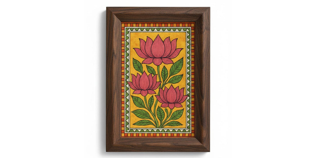 Hand-painted Madhubani lotus painting with intricate Mithila patterns