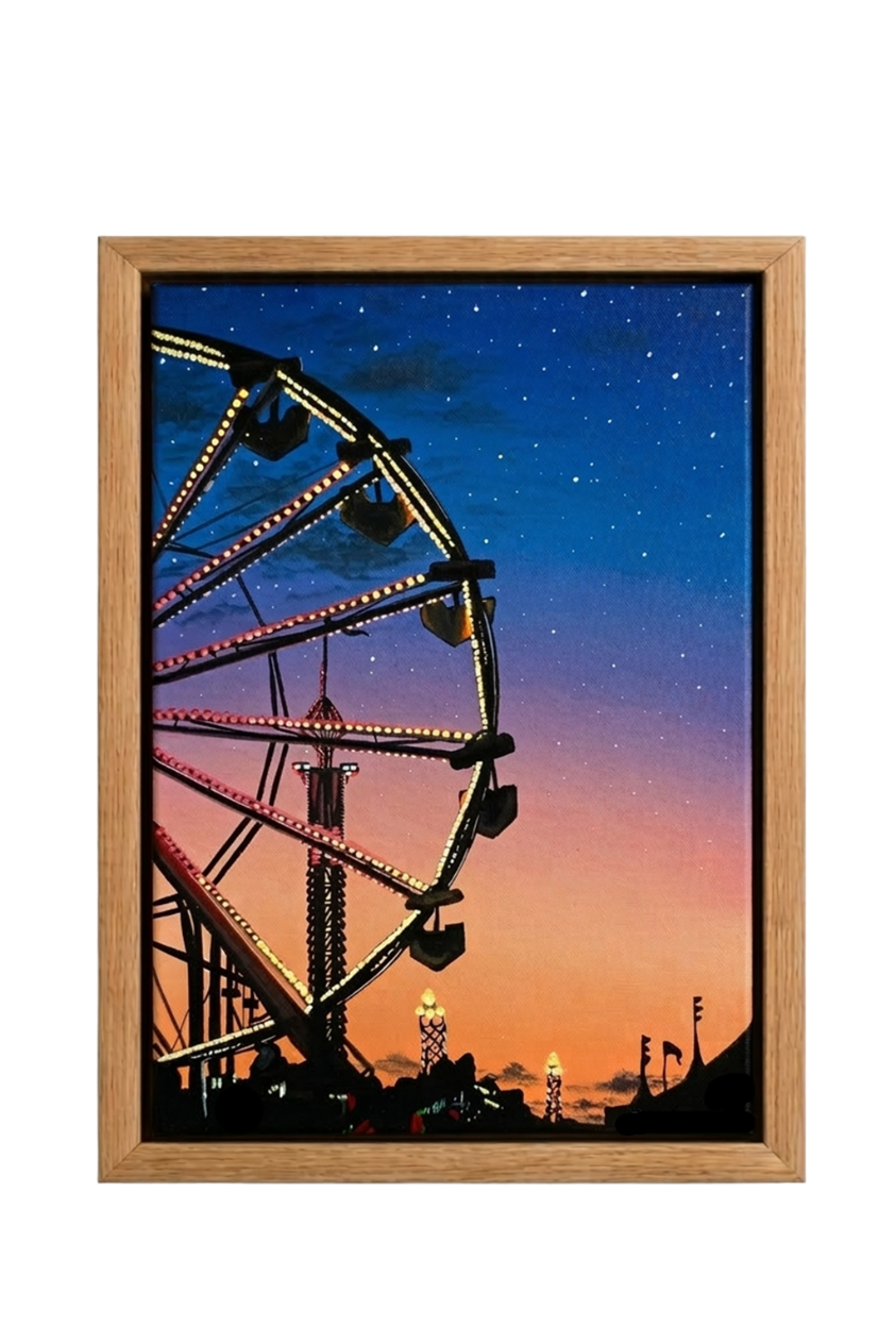 Acrylic painting of a glowing Ferris wheel at a carnival at dusk