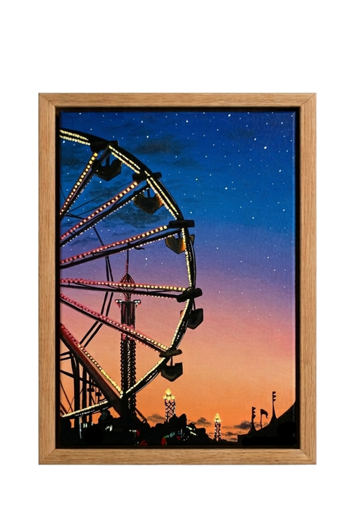 Acrylic painting of a glowing Ferris wheel at a carnival at dusk