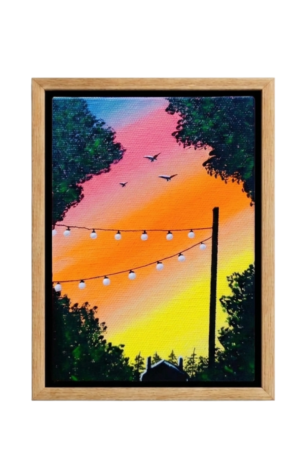 Acrylic painting of a summer evening sky turning to dusk