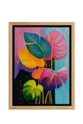Contemporary painting of oversized Monstera leaves in neon tones