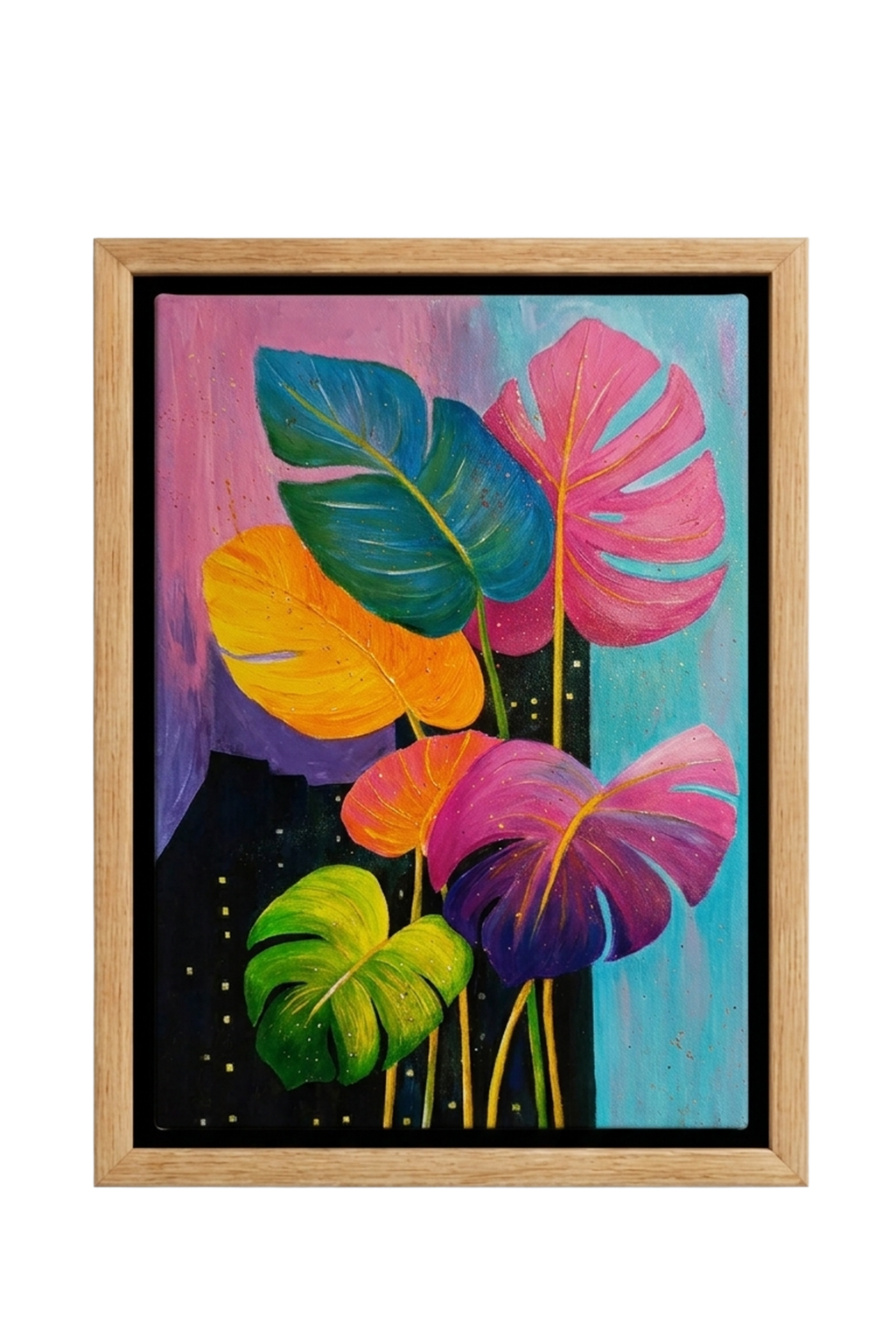 Contemporary painting of oversized Monstera leaves in neon tones