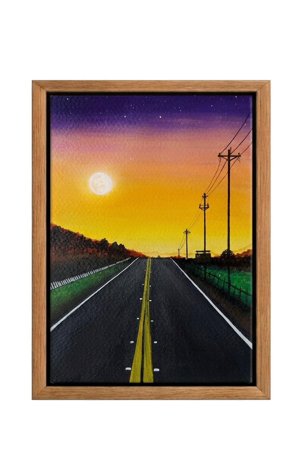Landscape painting of a solitary road under soft moonlight