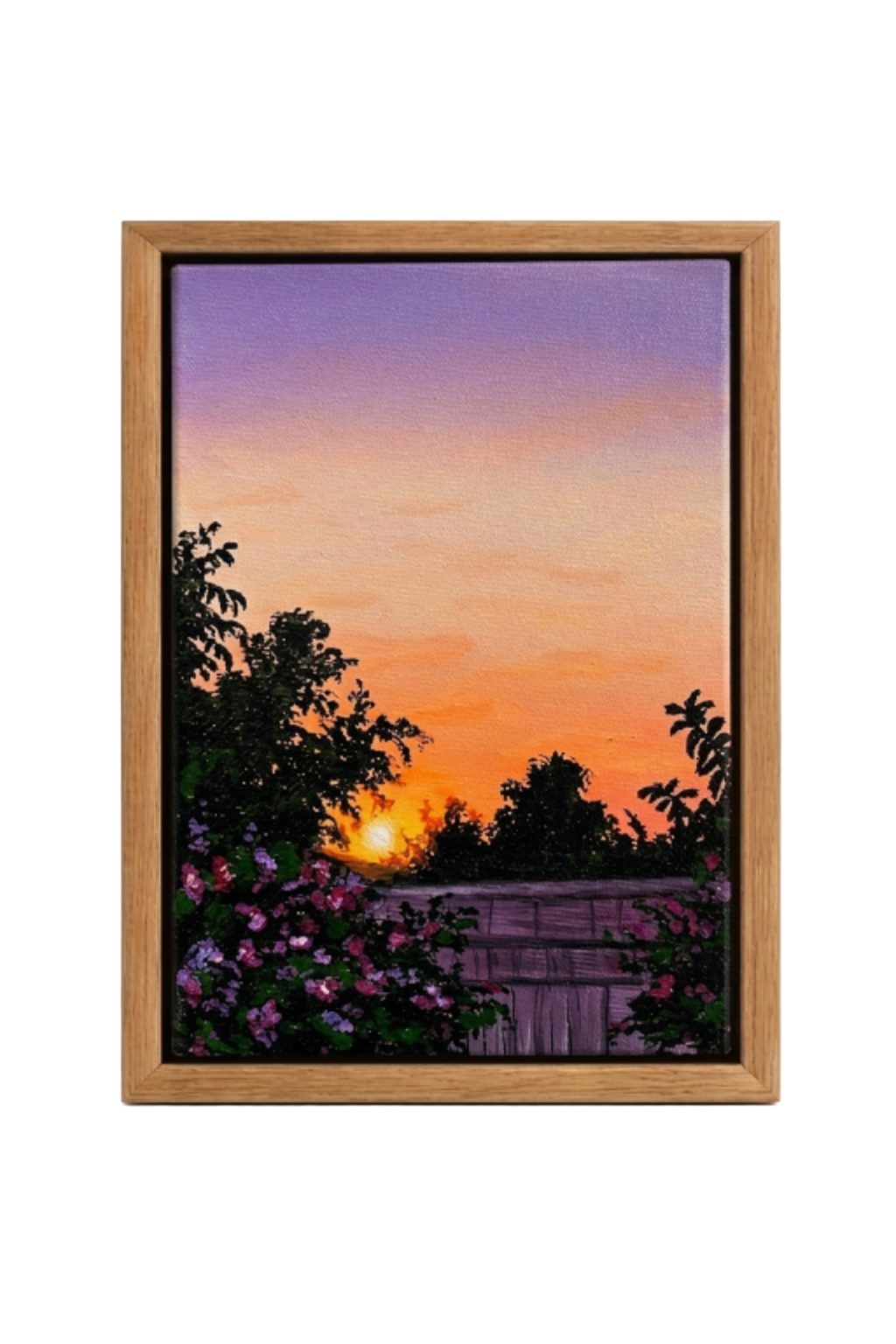 Vertical acrylic painting of a bougainvillea garden at sunset