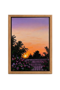 Vertical acrylic painting of a bougainvillea garden at sunset