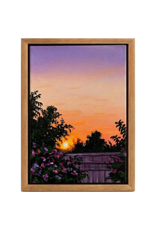 Vertical acrylic painting of a bougainvillea garden at sunset
