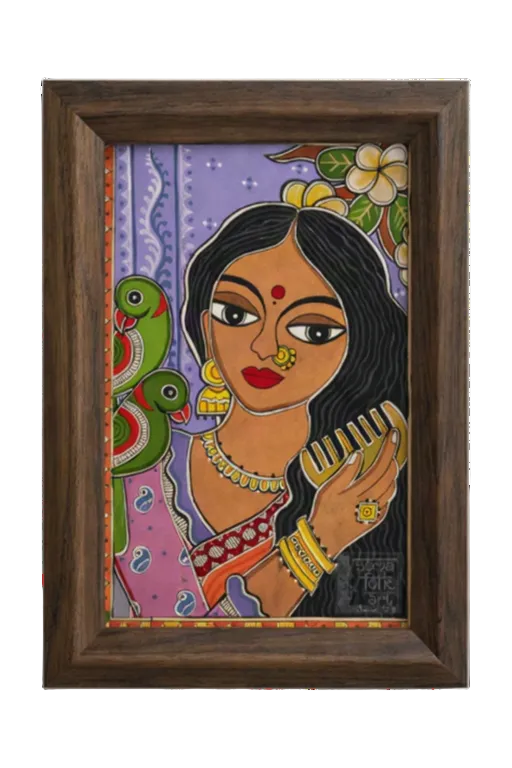 Mithila art painting of a woman in traditional dress in Madhubani style