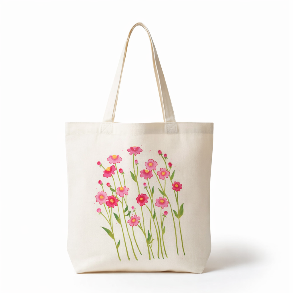 Hand-painted canvas tote bag with pink wildflowers on green stems