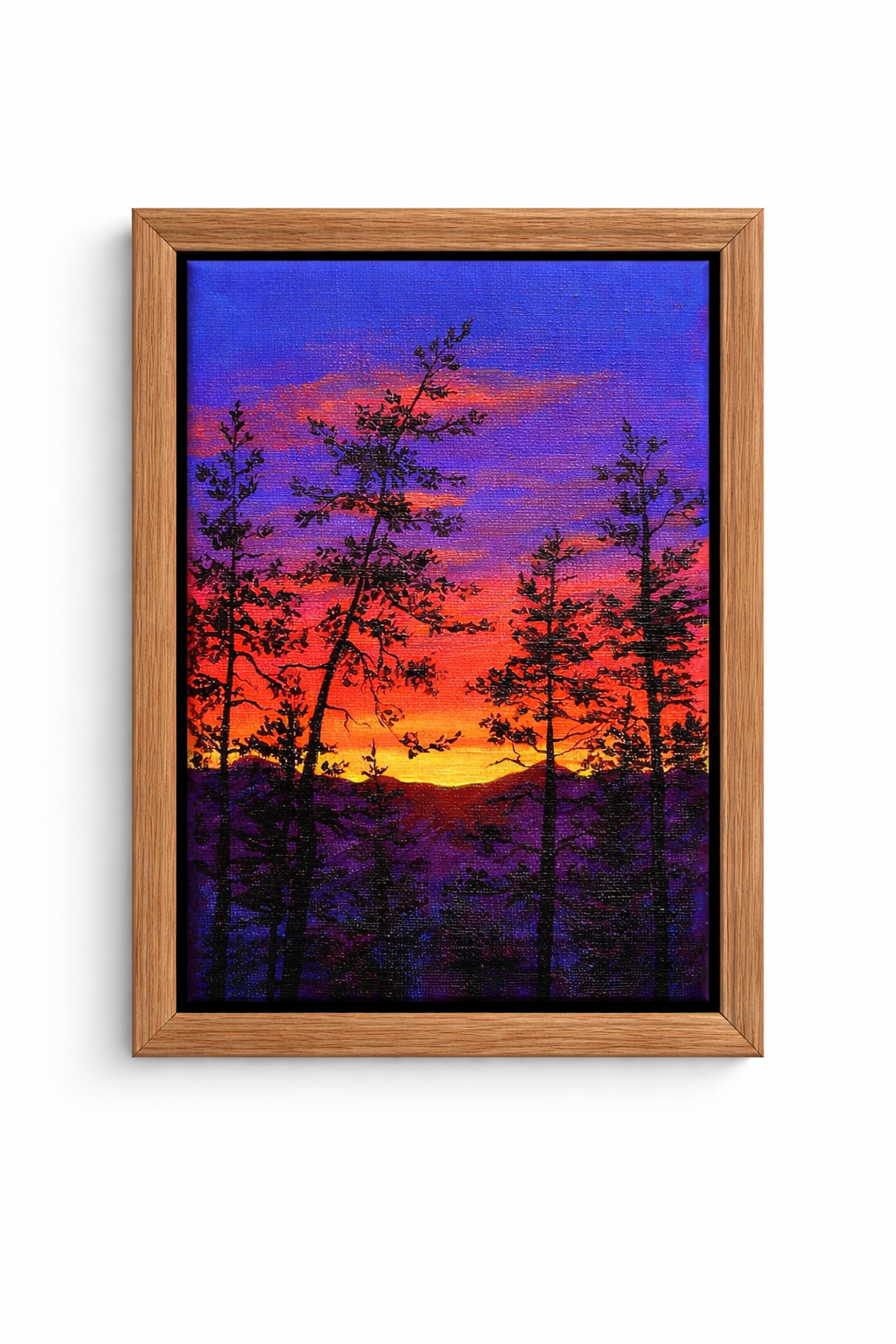 Acrylic sunset landscape painting with pine tree silhouettes