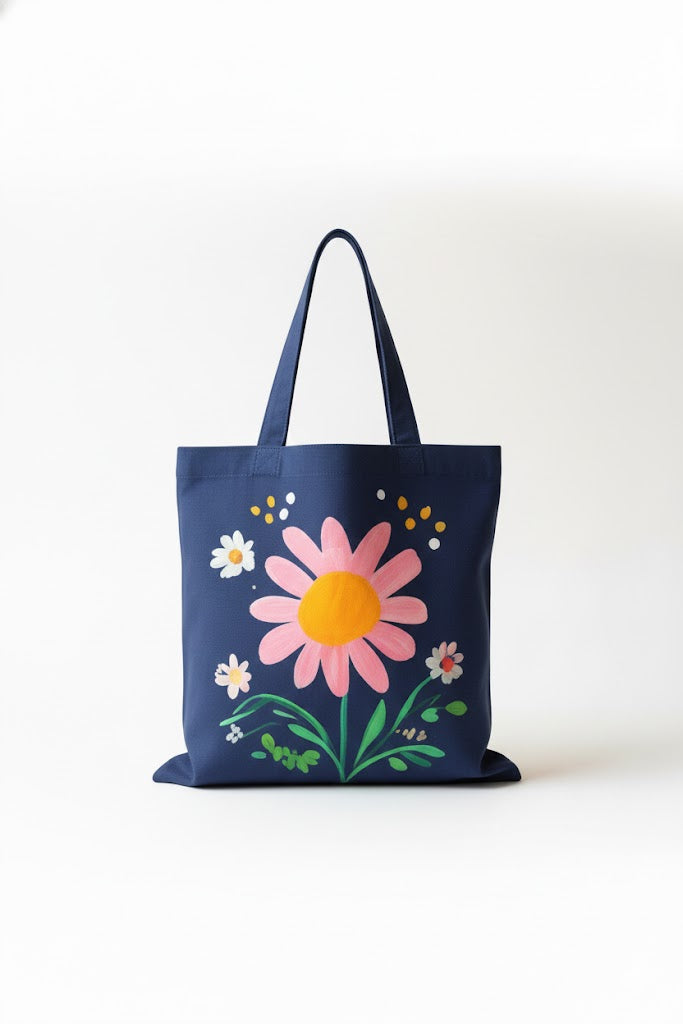 Hand-painted canvas tote bag with delicate blossoms in blue tones