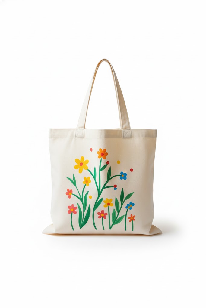 Hand-painted canvas tote bag with a single flower bloom