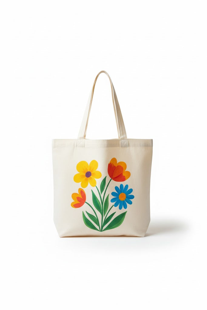 Hand-painted canvas tote bag with a floral bouquet design