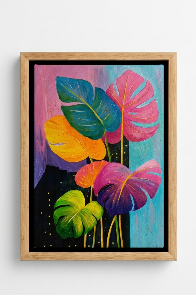 Alternate view: contemporary painting of oversized Monstera leaves in neon tones