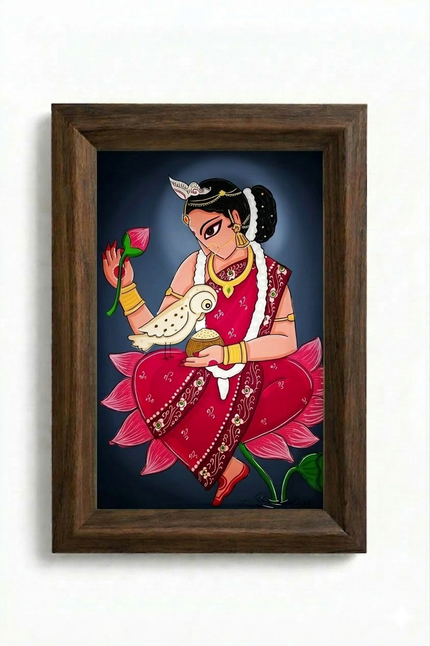 Framed Indian folk art painting of a goddess seated on a lotus