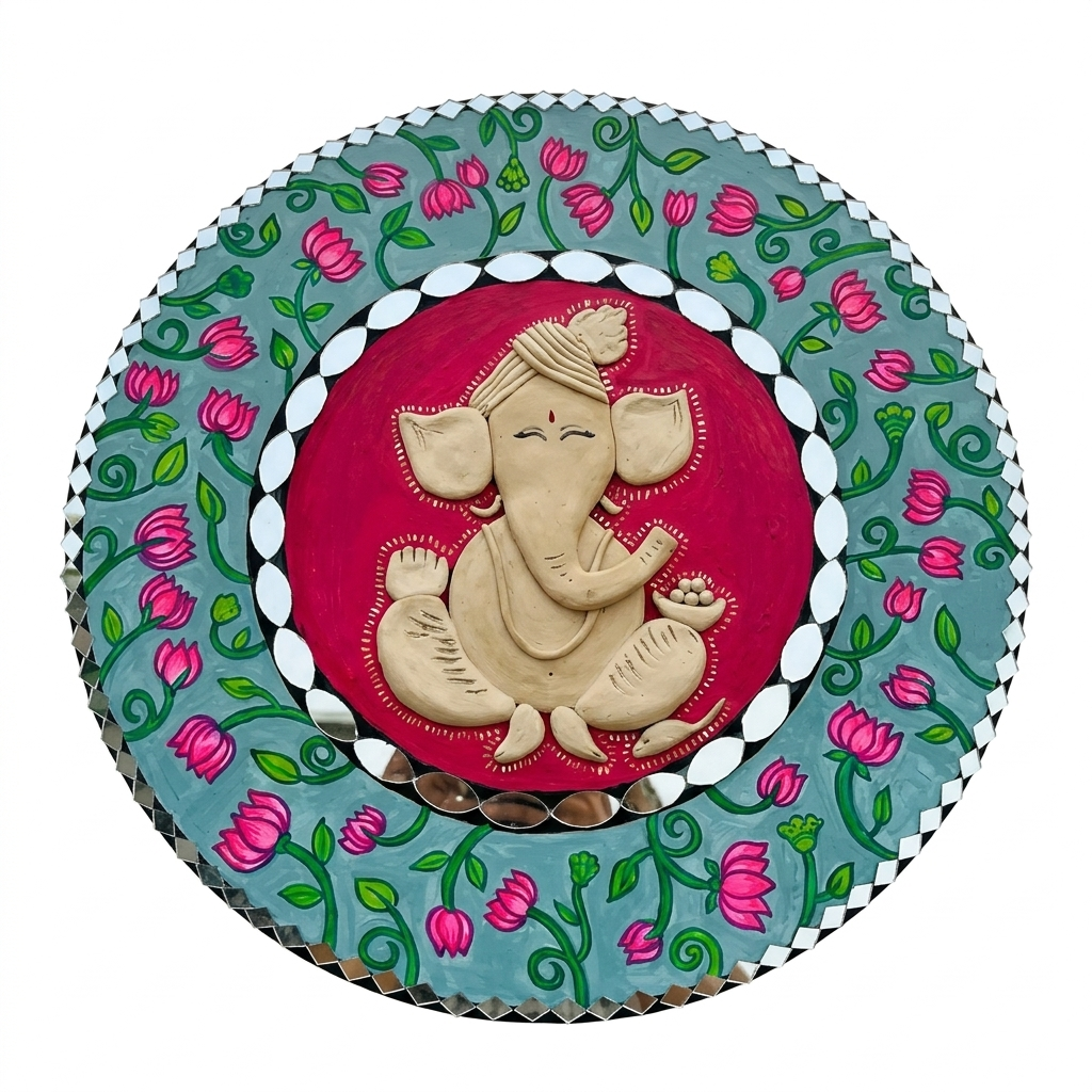 Hand-sculpted 3D relief of Lord Ganesha with a stone-like finish