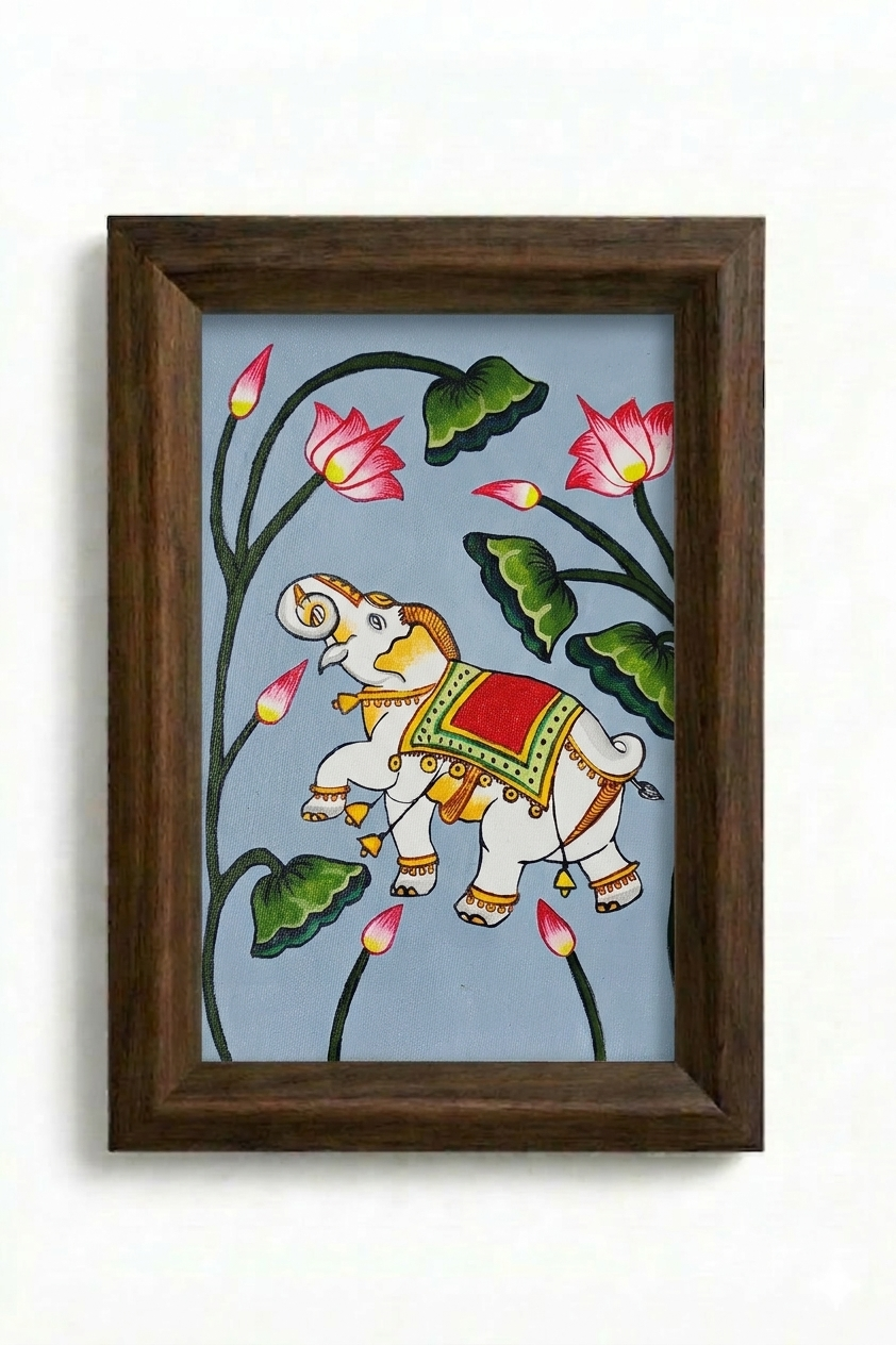 Painting of a white elephant in gold jewellery and a crimson saddlecloth
