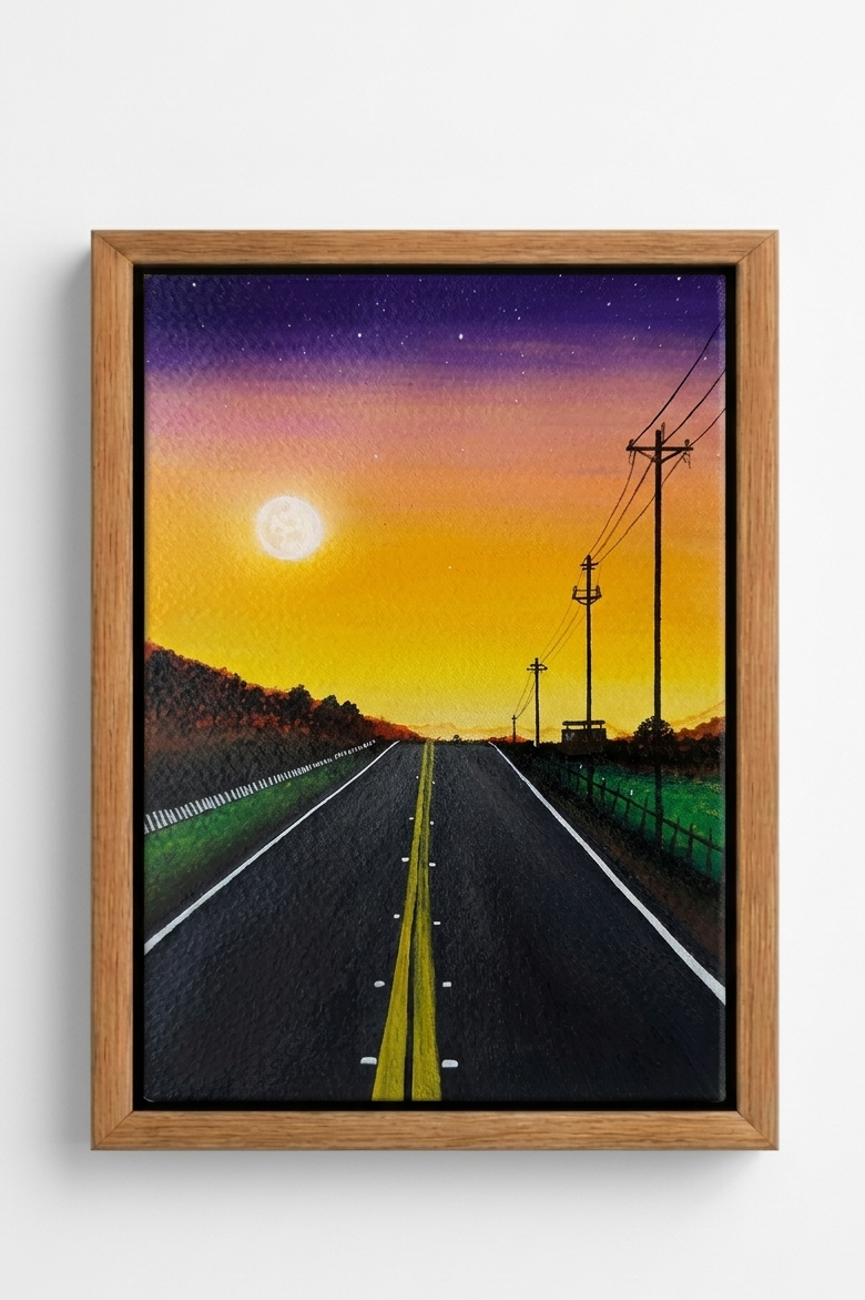 Alternate view: landscape painting of a solitary road under soft moonlight