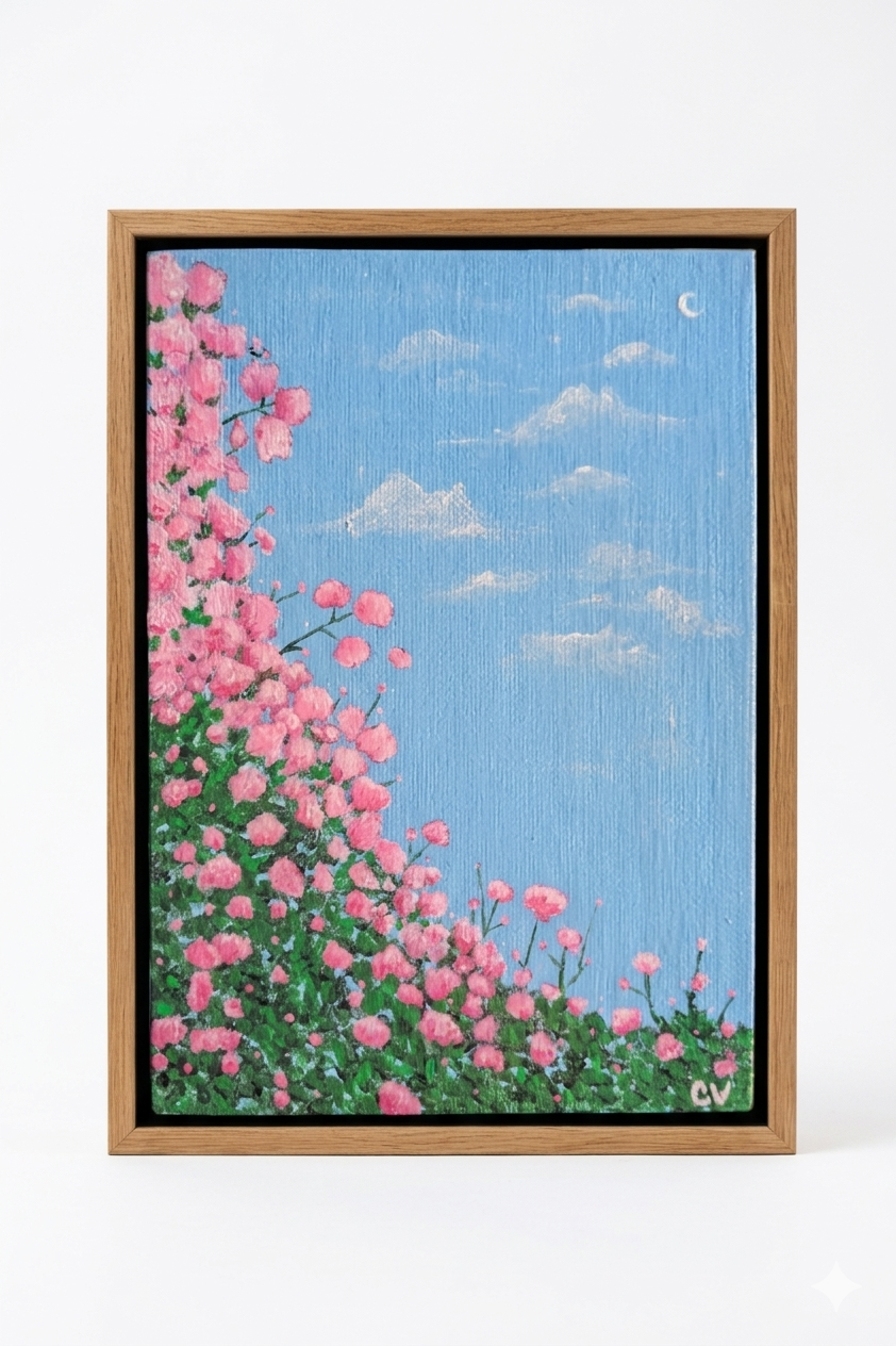 Acrylic painting of a climbing vine of pink blossoms against a blue sky