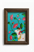 Pichwai-style painting of the Kamdhenu cow among pink lotus blooms