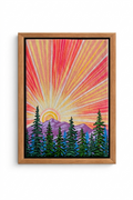 Acrylic painting of a stylised sunburst in coral, pink and gold