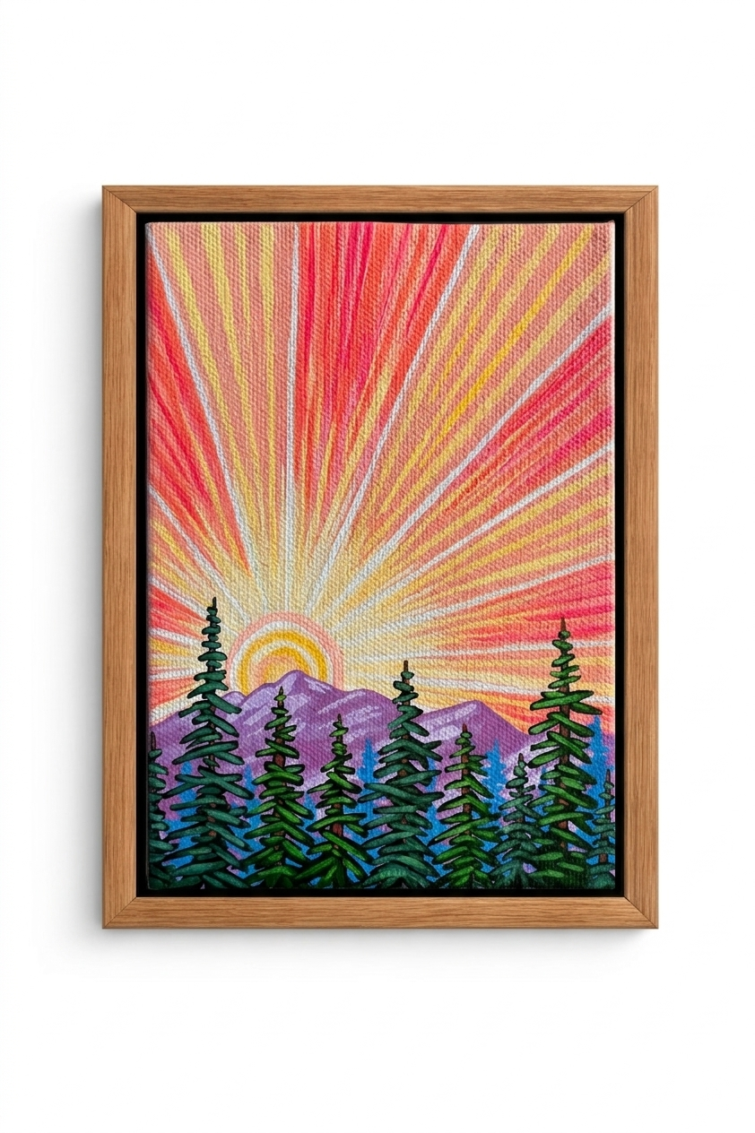 Acrylic painting of a stylised sunburst in coral, pink and gold