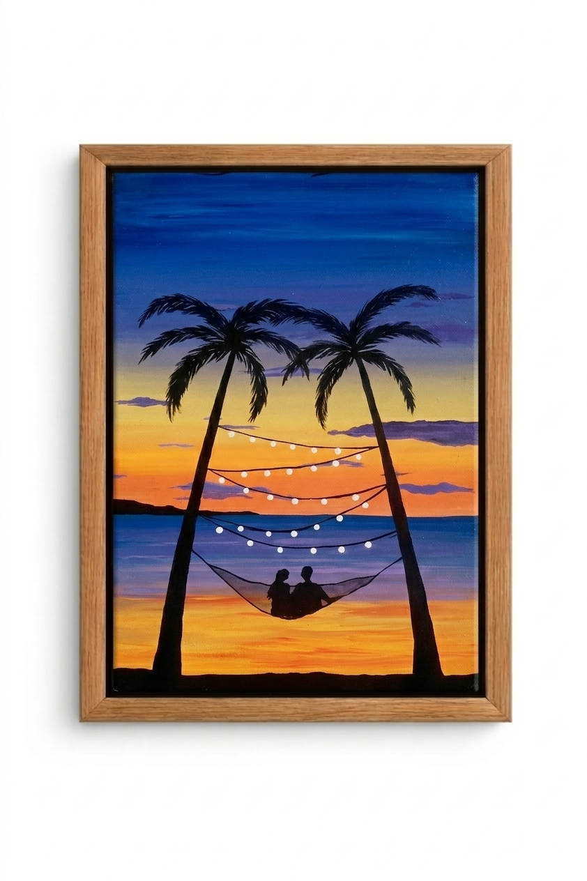 Alternate view: acrylic painting of a tropical sunset with palm silhouettes