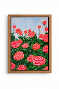 Acrylic painting of a stylised field of pink roses