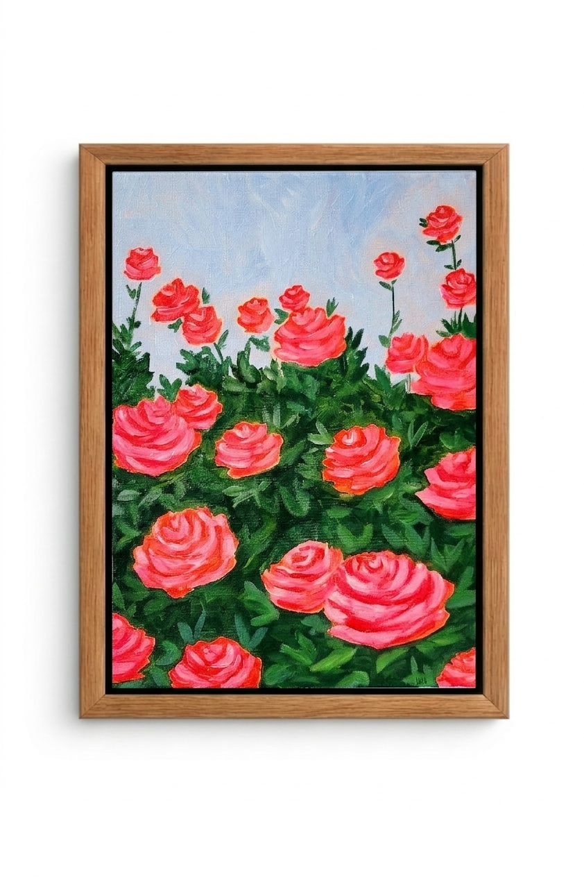Acrylic painting of a stylised field of pink roses