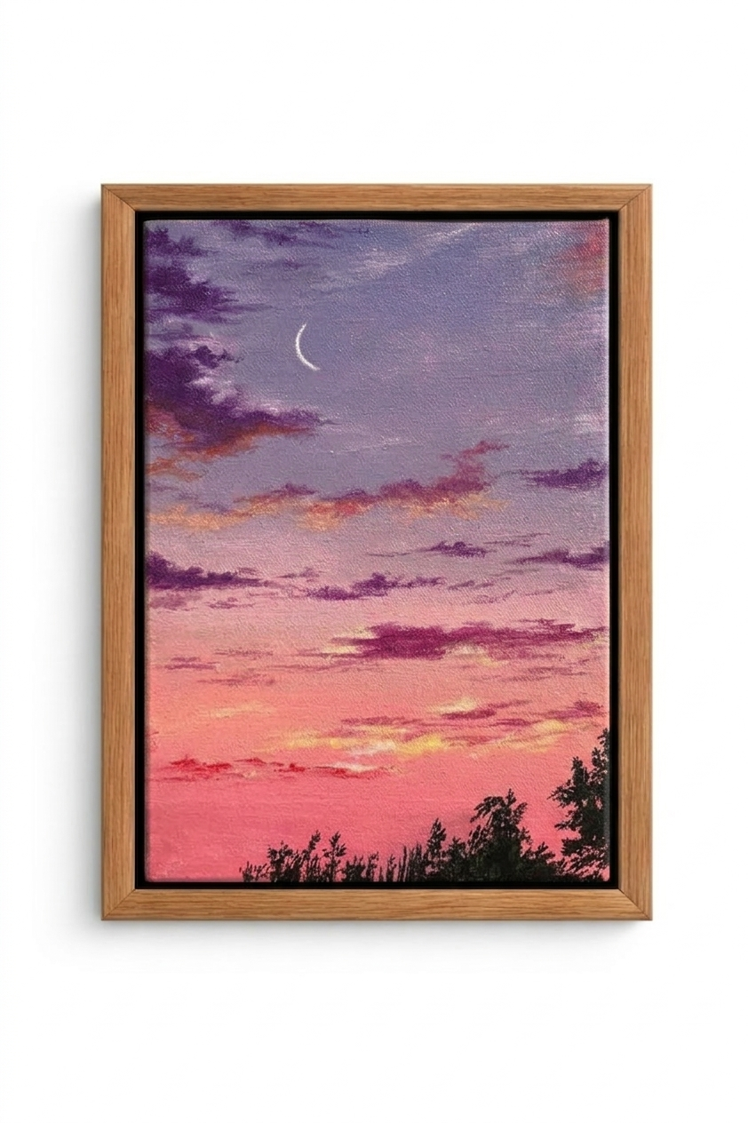 Acrylic painting of a crescent moon above pine trees at night