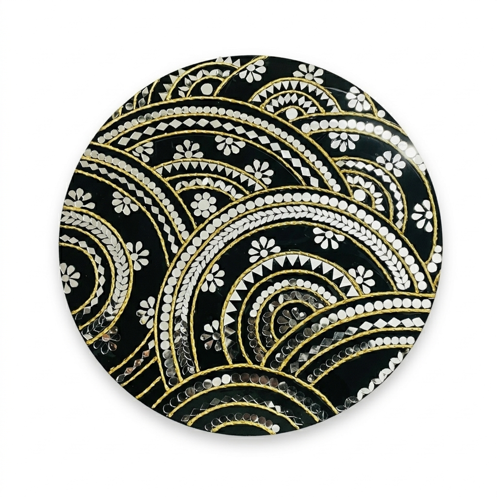 Round black Lippan art wall panel with clay floral relief and inset mirrors
