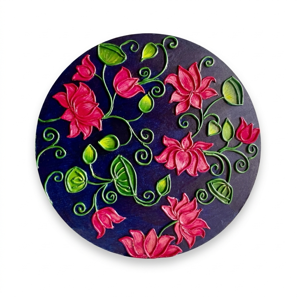 Round 3D relief wall panel of stylised lotus blossoms with a glossy finish