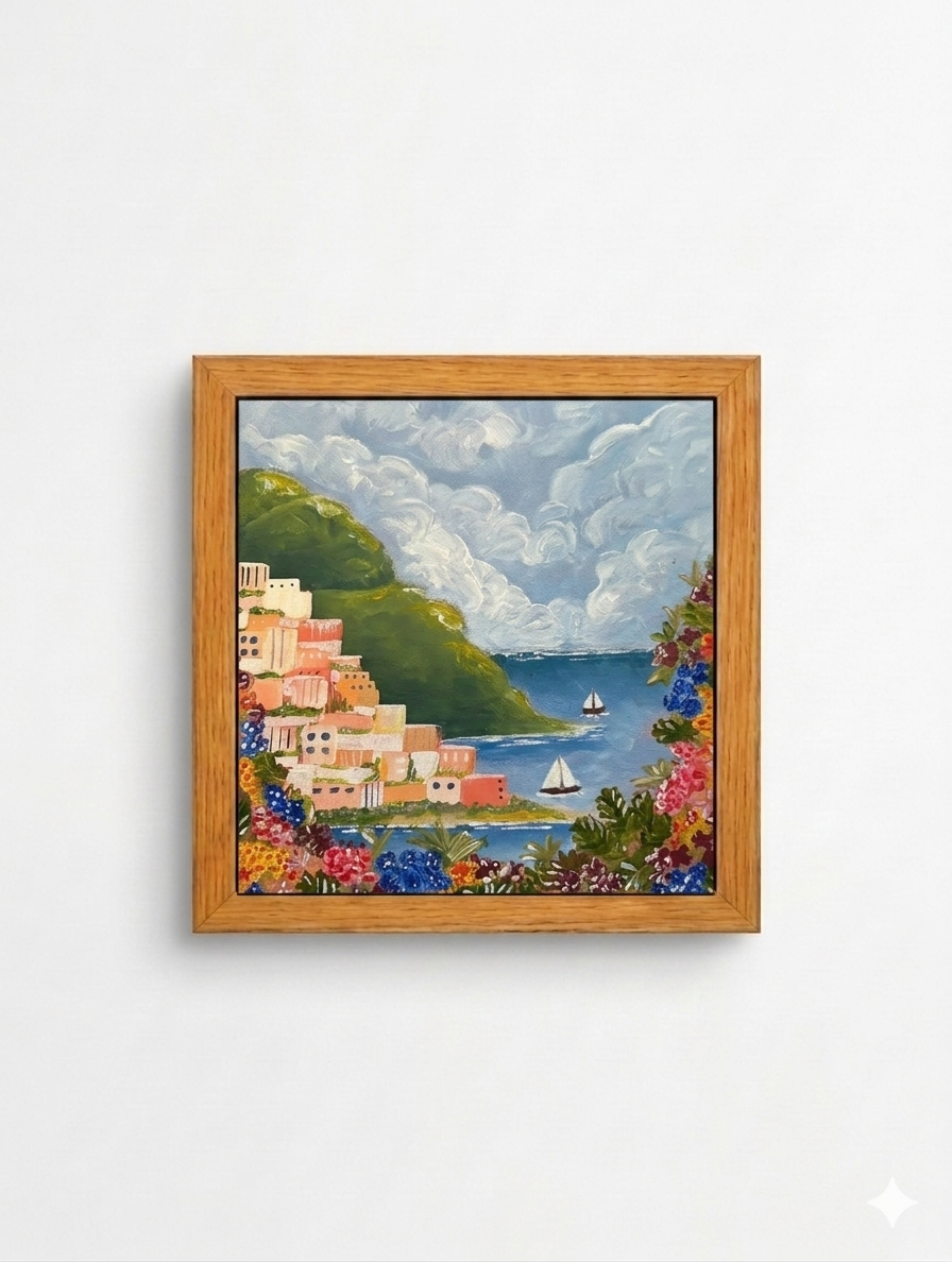 Miniature painting of a sunny Mediterranean shoreline