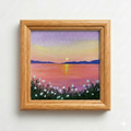 Acrylic painting of a still lake in soft lavender and pale yellow