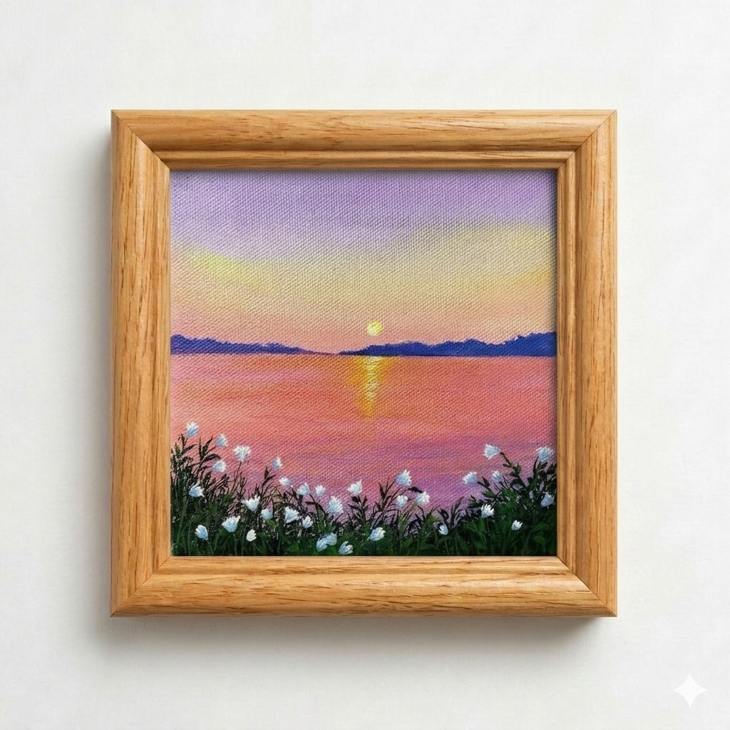 Acrylic painting of a still lake in soft lavender and pale yellow