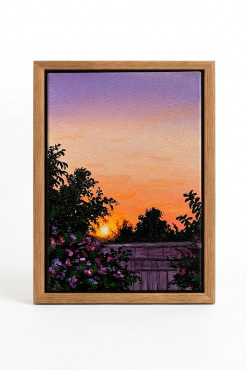 Alternate view: vertical acrylic painting of a bougainvillea garden at sunset