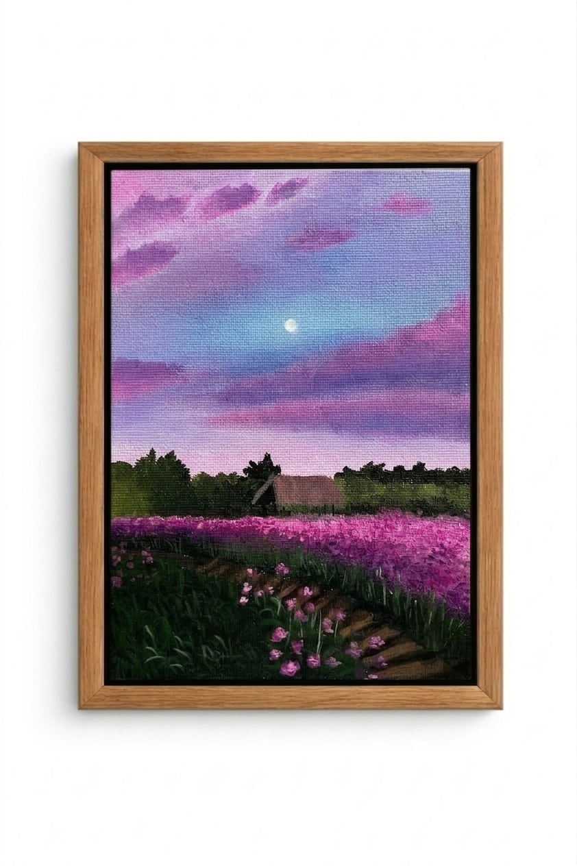 Hand-painted acrylic painting of a lavender field under a starry sky