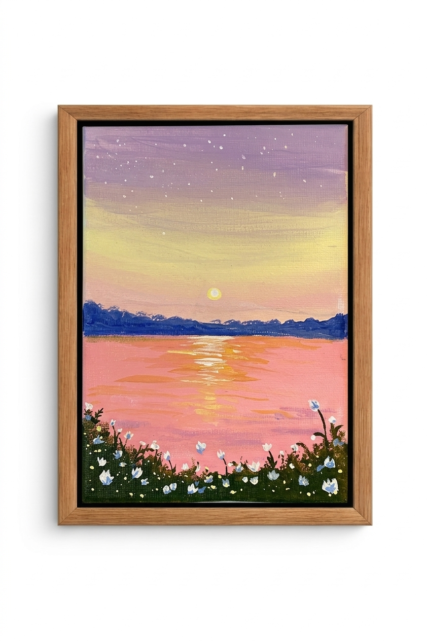 Hand-painted canvas of a lake at night under a soft lavender sky