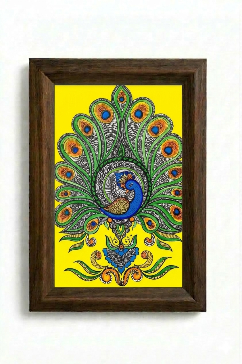 Madhubani painting of a blue peacock on a golden-yellow background