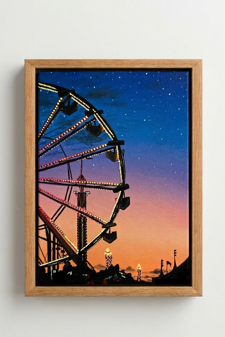 Alternate view: acrylic painting of a glowing Ferris wheel at a carnival at dusk