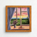 Painting of a sunset through a window with purple and yellow flowers on the sill