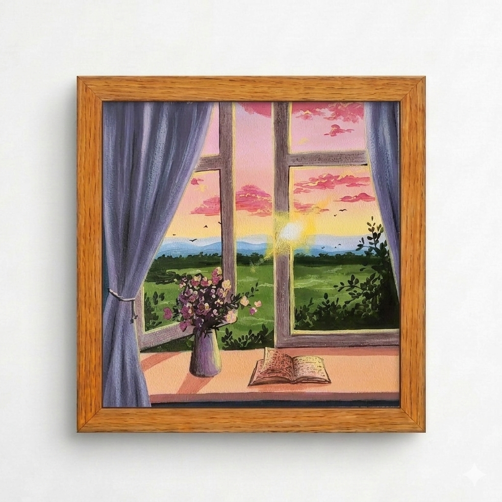Painting of a sunset through a window with purple and yellow flowers on the sill