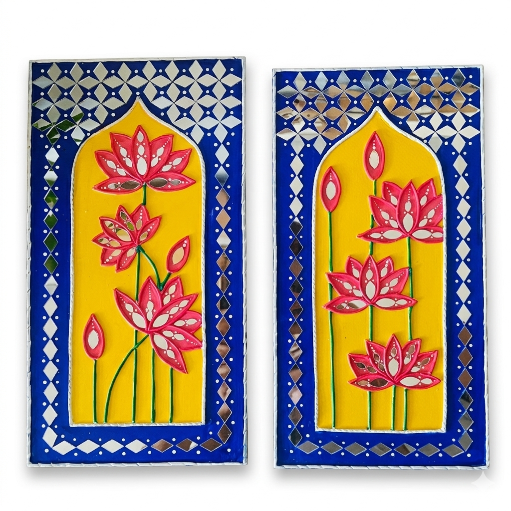 Set of two hand-sculpted relief panels shaped like Indian jharokha windows