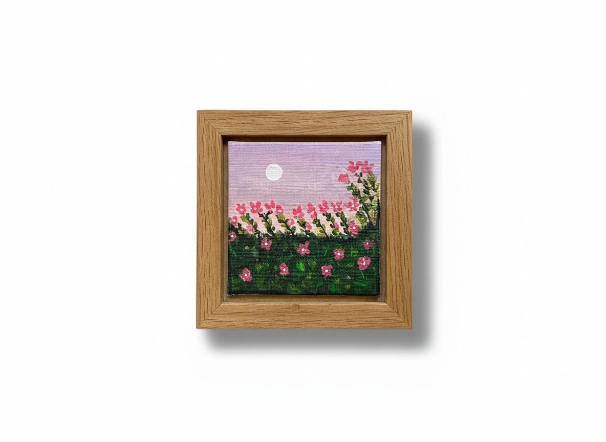 Small hand-painted painting of a tranquil garden scene