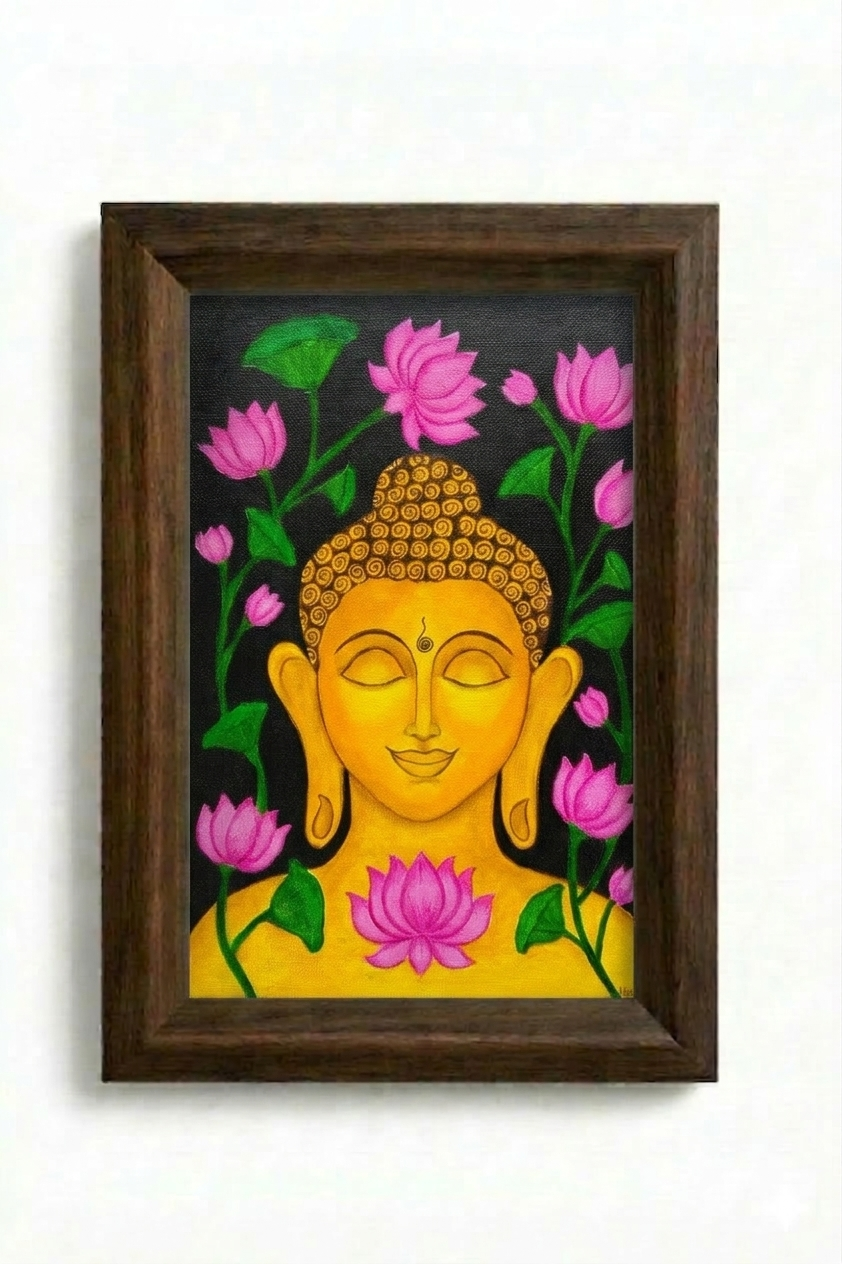 Contemporary painting of a golden Buddha with pink lotus blossoms