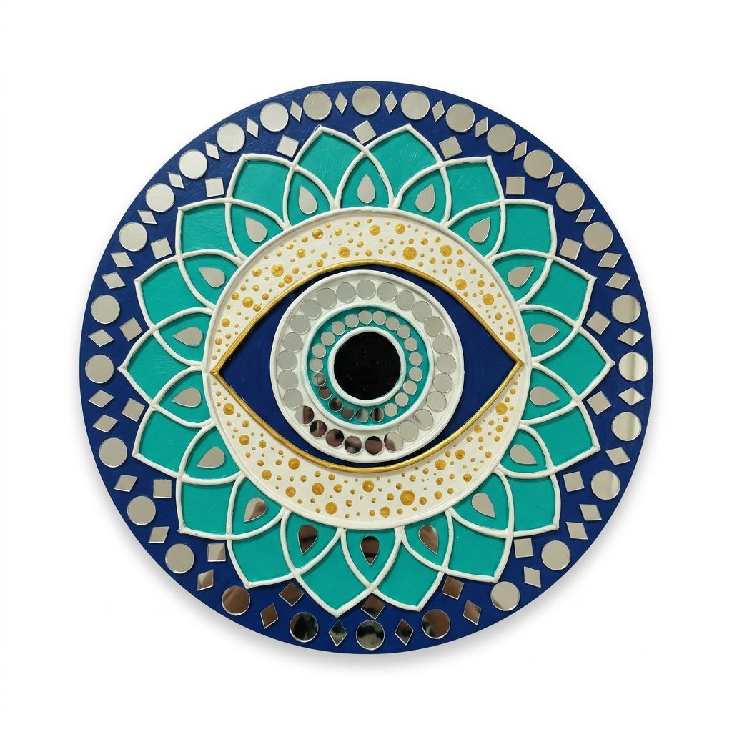 Hand-painted evil eye wall art with a bold protective motif