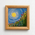 Acrylic painting of a golden moon over swirling skies and a meadow