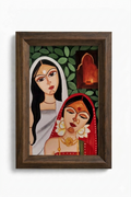 Indian folk art painting of two women holding a diya in devotion