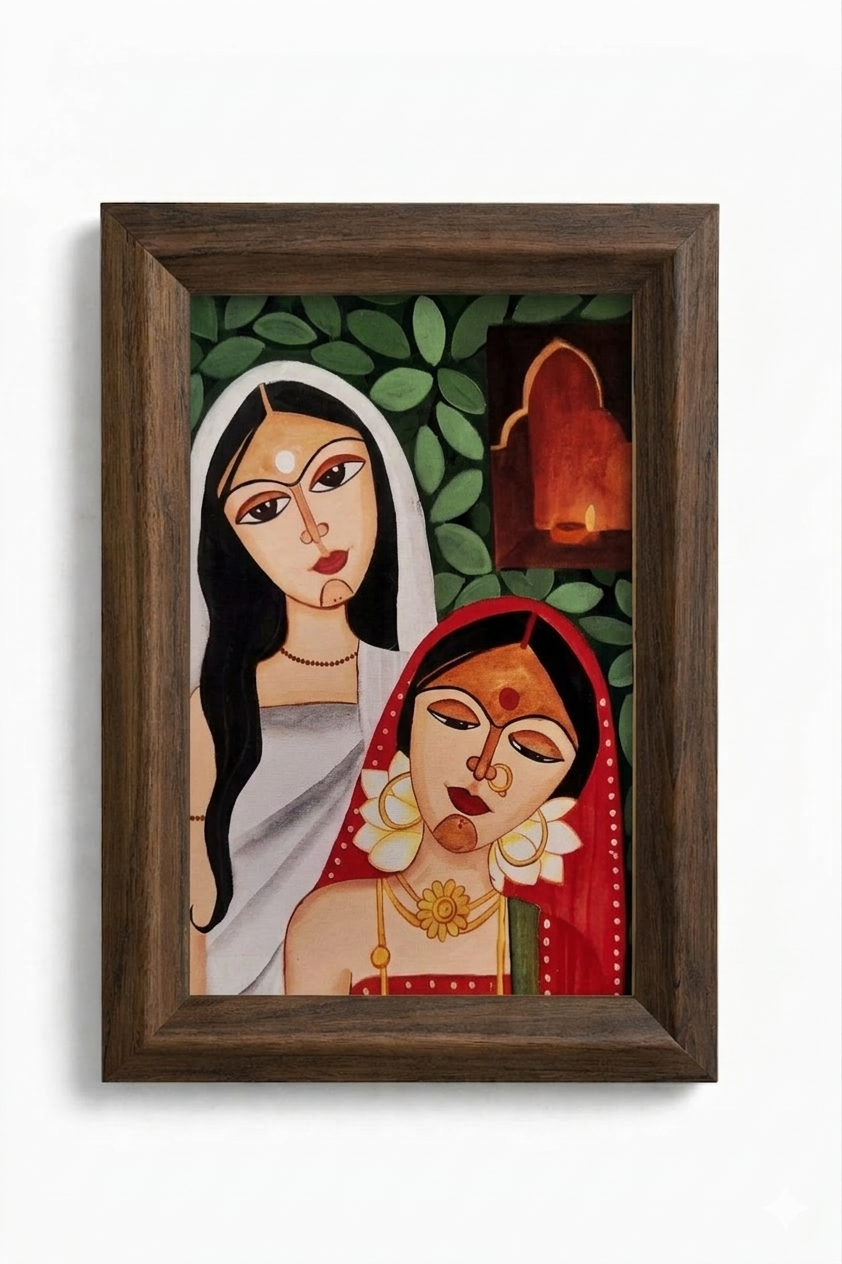 Indian folk art painting of two women holding a diya in devotion