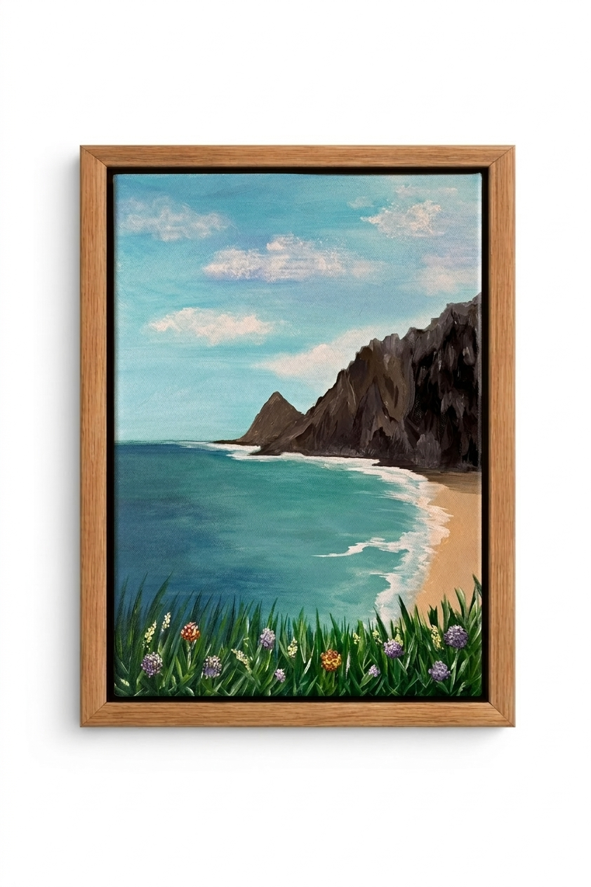 Hand-painted canvas of wildflowers by the sea in teal and sky blue