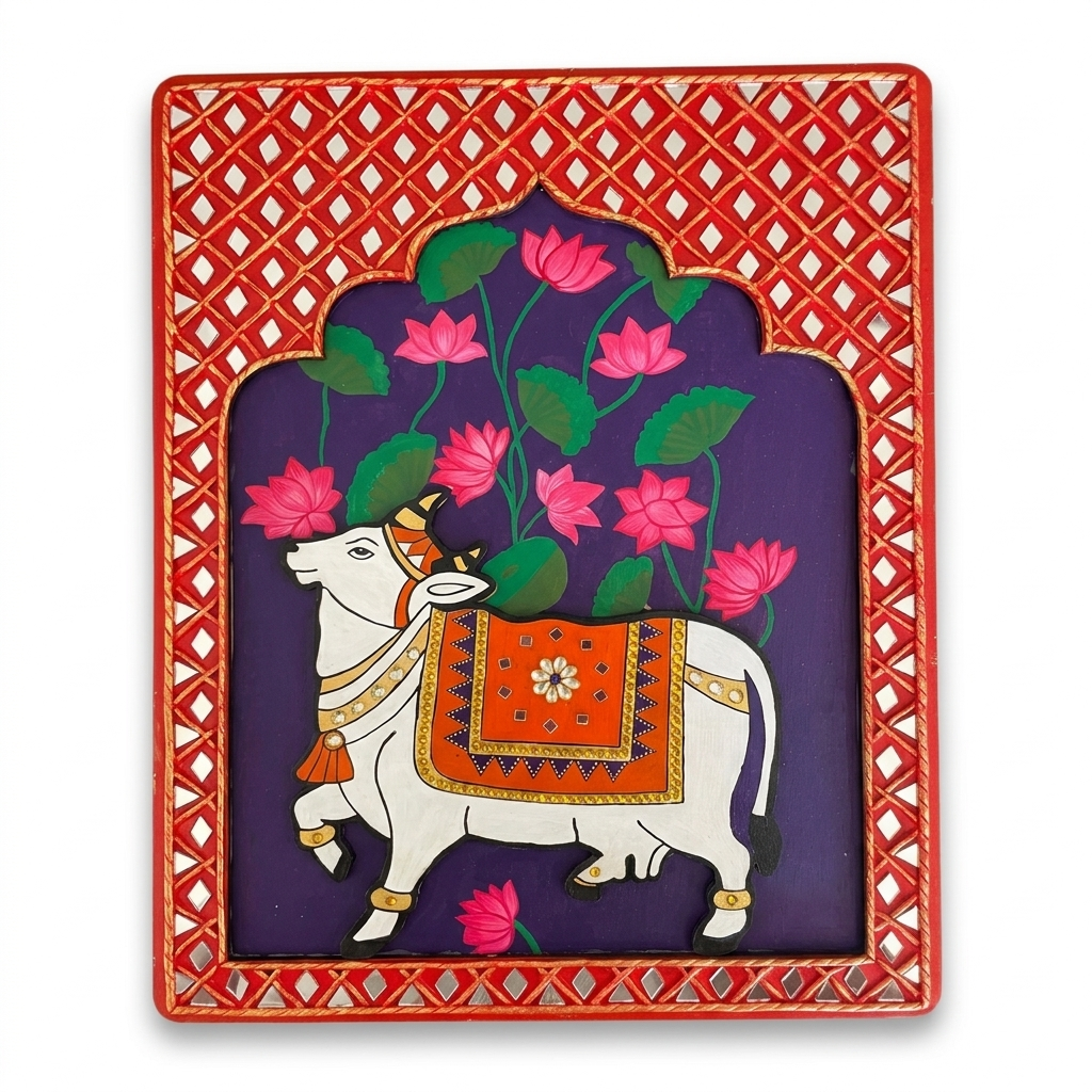 Pichwai-style relief wall art of the Kamdhenu cow